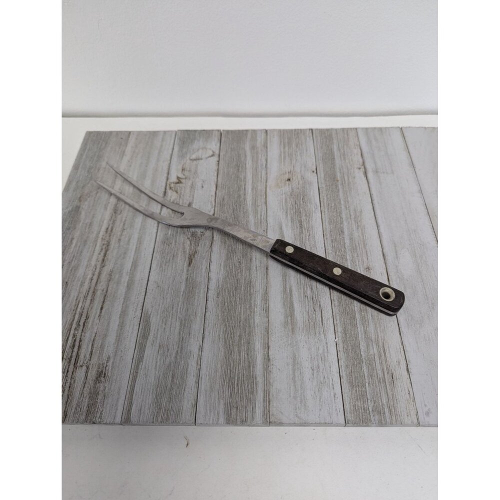 Vintage Ekco Arrowhead Stainless USA Serving Meat Fork 12" Wood Handle USA